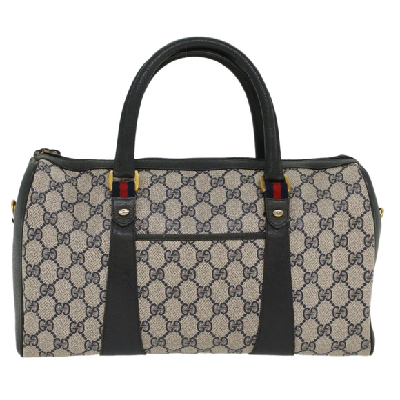 GUCCI GG Canvas Sherry Line Boston Bag PVC Leather Gray Red Navy Auth yk8527 - Picture 13 of 16